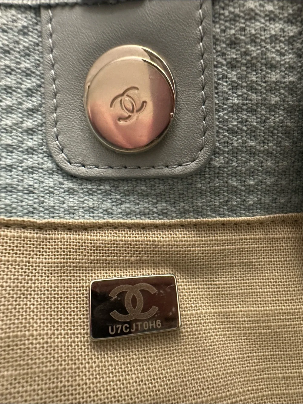 CHANEL Light Blue Canvas Tote with Chain-Strap Details